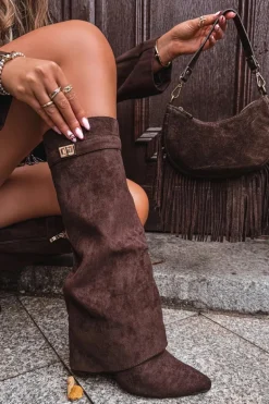 Kozaki Eko Zamszowe Obcas Słupek Na Zamek Ocieplane Wywinięta Cholewka Czekoladowe Evyra