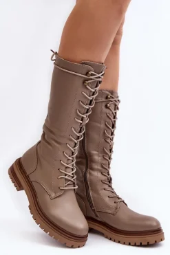 Kozaki Glany Damskie Do Połowy Łydki Sznurowane Beżowe Elavettsa