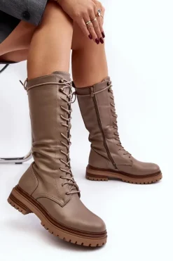 Kozaki Glany Damskie Do Połowy Łydki Sznurowane Beżowe Elavettsa