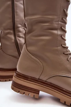 Kozaki Glany Damskie Do Połowy Łydki Sznurowane Beżowe Elavettsa