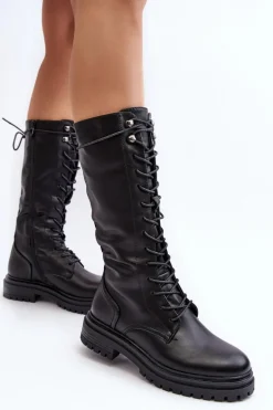 Kozaki Glany Damskie Do Połowy Łydki Sznurowane Czarne Elavettsa