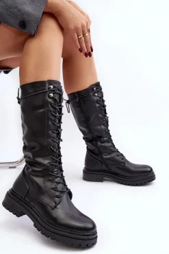 Kozaki Glany Damskie Do Połowy Łydki Sznurowane Czarne Elavettsa