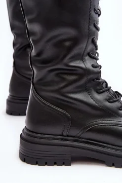 Kozaki Glany Damskie Do Połowy Łydki Sznurowane Czarne Elavettsa