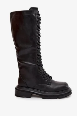 Kozaki Glany Damskie Ocieplane Eko Skórzane Czarne Selvina