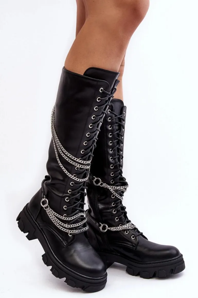 Kozaki Glany Damskie Z Łańcuchami Czarne Lannera