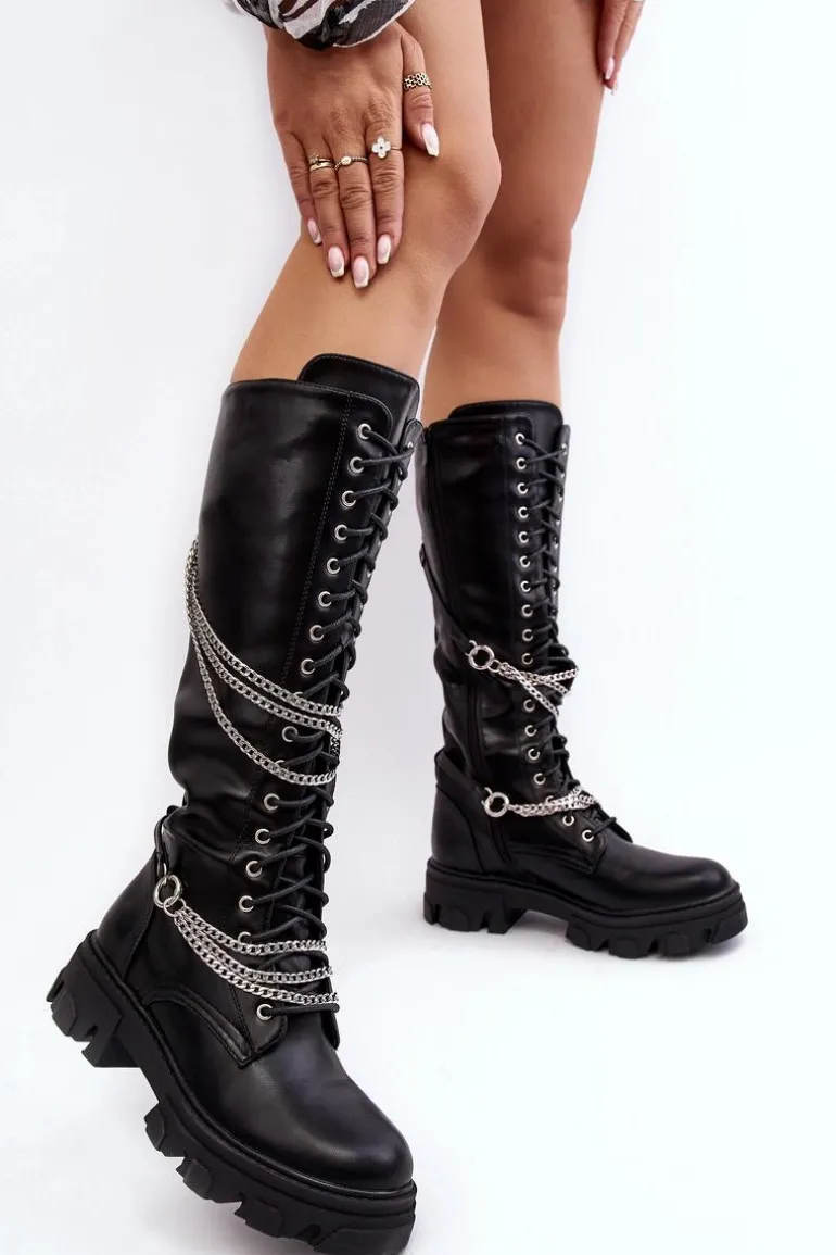 Kozaki Glany Damskie Z Łańcuchami Czarne Lannera