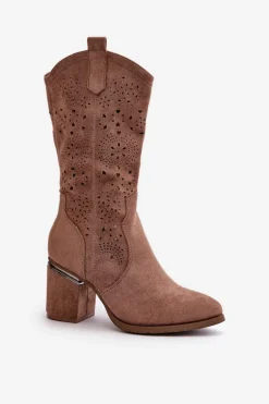 Kozaki Kowbojki Damskie Ażurowe Na Obcasie Słupku Eko Zamszowe Brązowe S.Barski HY42-028