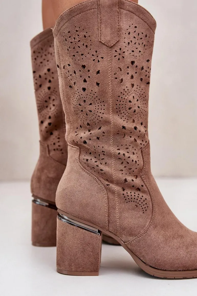 Kozaki Kowbojki Damskie Ażurowe Na Obcasie Słupku Eko Zamszowe Brązowe S.Barski HY42-028