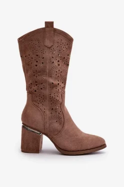 Kozaki Kowbojki Damskie Ażurowe Na Obcasie Słupku Eko Zamszowe Brązowe S.Barski HY42-028