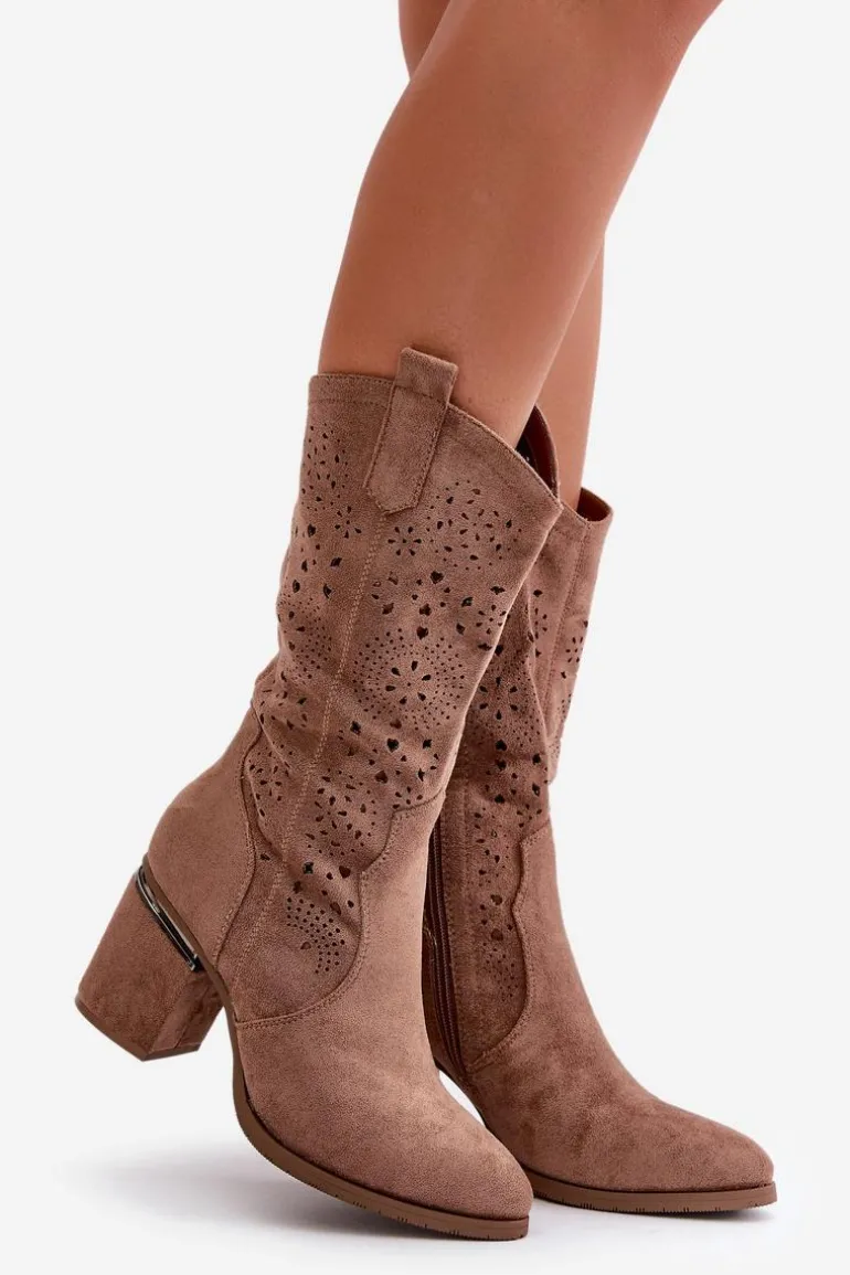 Kozaki Kowbojki Damskie Ażurowe Na Obcasie Słupku Eko Zamszowe Brązowe S.Barski HY42-028
