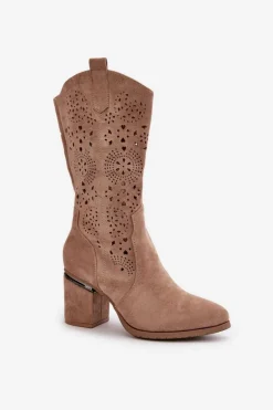 Kozaki Kowbojki Damskie Ażurowe Na Obcasie Słupku Eko Zamszowe Beżowe S.Barski HY42-028