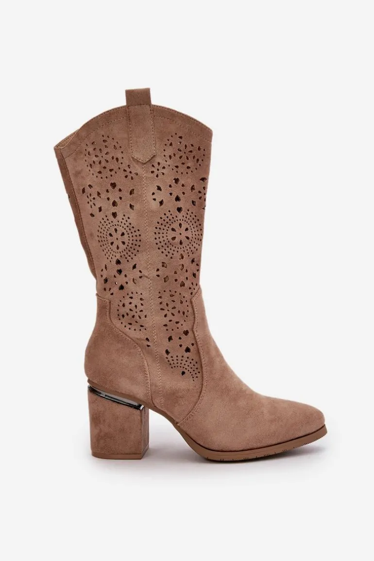 Kozaki Kowbojki Damskie Ażurowe Na Obcasie Słupku Eko Zamszowe Beżowe S.Barski HY42-028