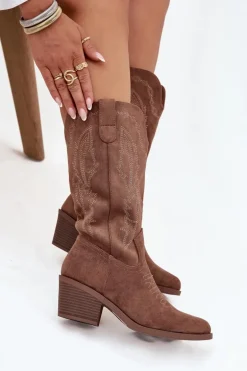 Kozaki Kowbojki Damskie Na Obcasie Ocieplane Vinceza 16508 Ciemnobeżowe