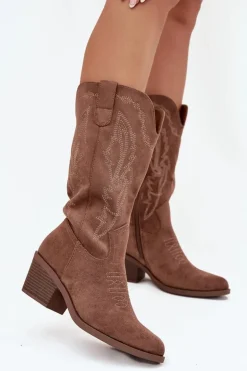 Kozaki Kowbojki Damskie Na Obcasie Ocieplane Vinceza 16508 Ciemnobeżowe