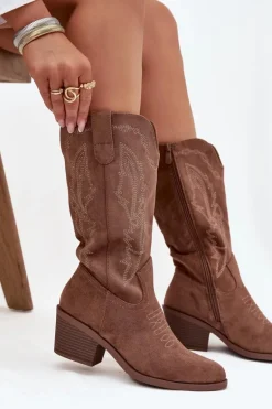 Kozaki Kowbojki Damskie Na Obcasie Ocieplane Vinceza 16508 Ciemnobeżowe