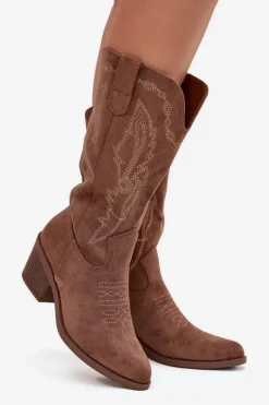 Kozaki Kowbojki Damskie Na Obcasie Ocieplane Vinceza 16508 Ciemnobeżowe