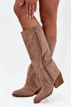 Kozaki Kowbojki Damskie Na Zamek Beżowe Isalina