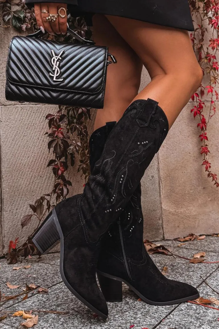 Kozaki Kowbojki Damskie Na Słupku Z Eko Zamszu Czarne Coretta