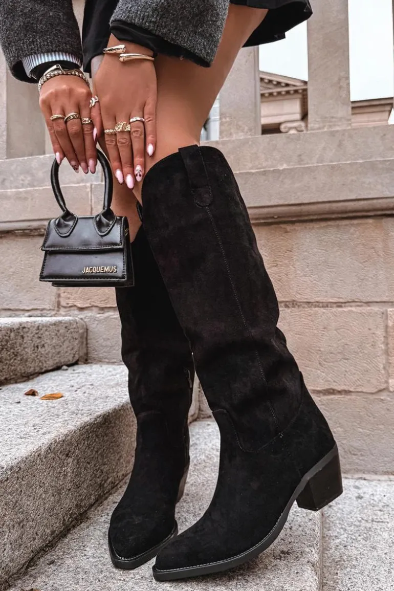 Kozaki Kowbojki Damskie Na Obcasie Z Eko Zamszu Czarne Esmira