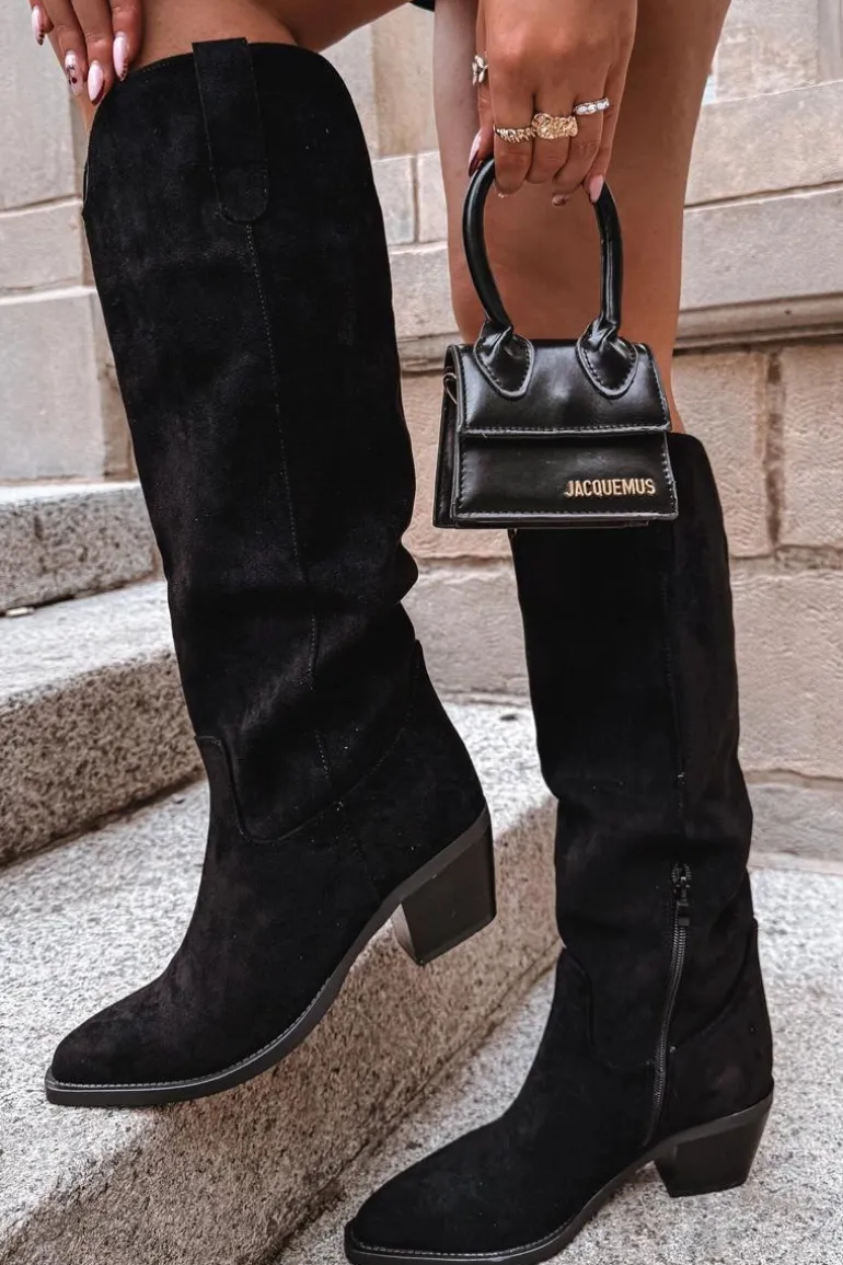 Kozaki Kowbojki Damskie Na Obcasie Z Eko Zamszu Czarne Esmira