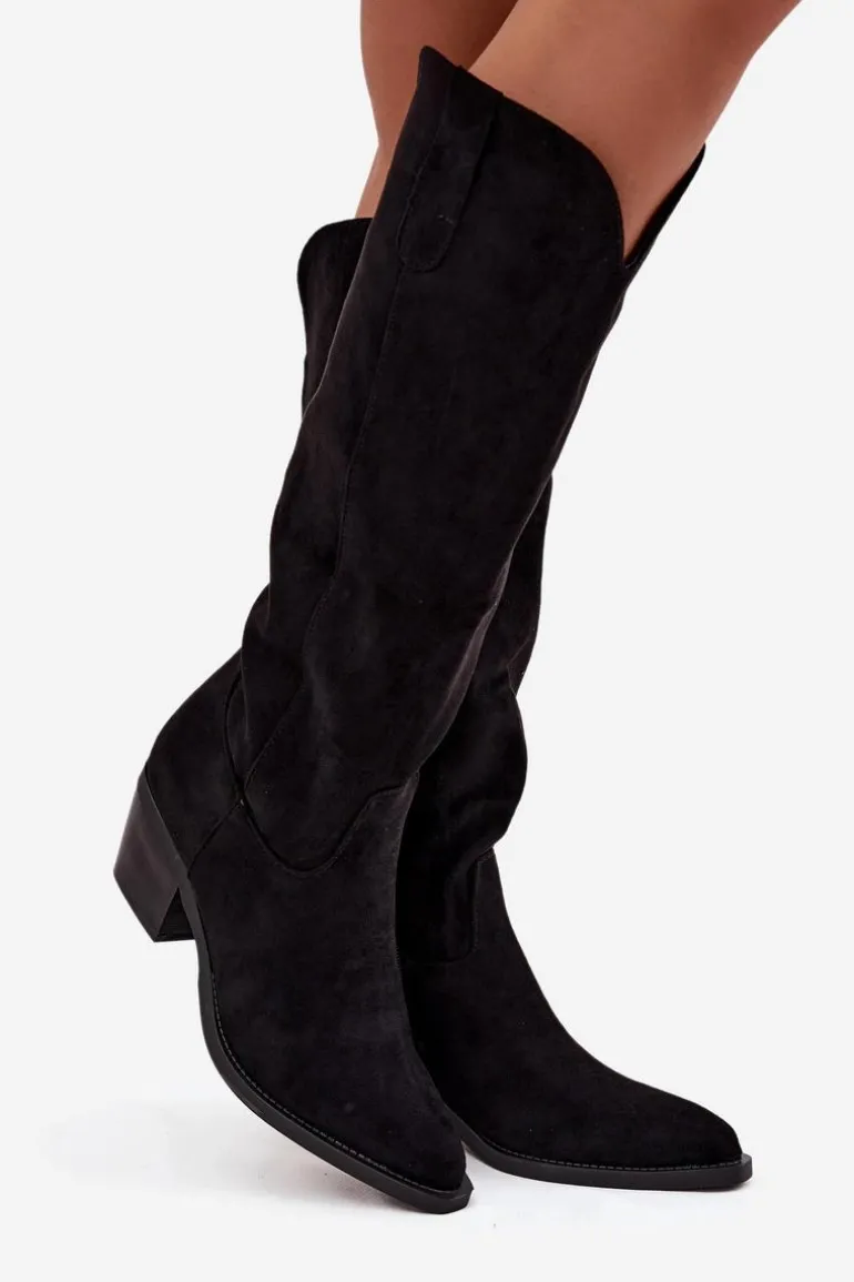 Kozaki Kowbojki Damskie Na Obcasie Z Eko Zamszu Czarne Esmira