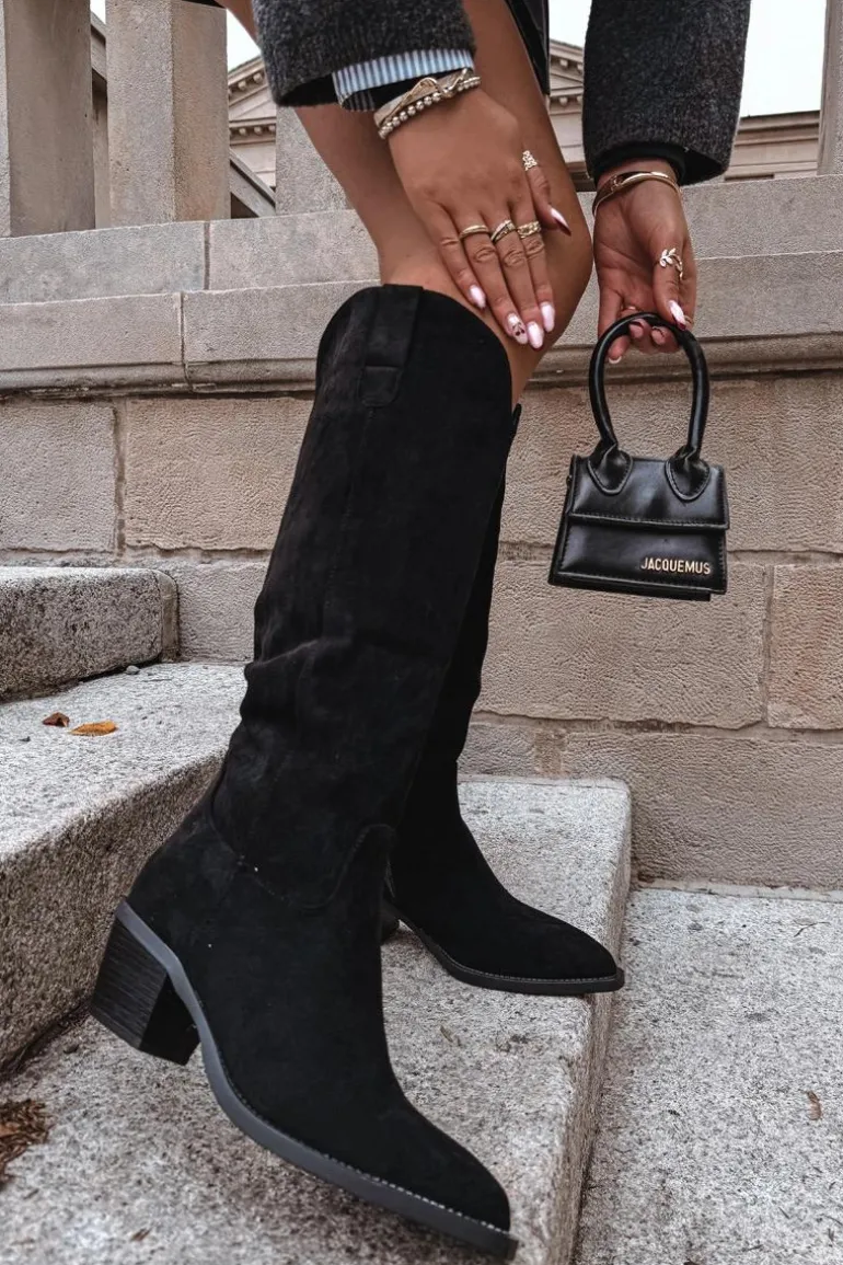 Kozaki Kowbojki Damskie Na Obcasie Z Eko Zamszu Czarne Esmira