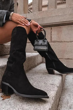 Kozaki Kowbojki Damskie Na Obcasie Z Eko Zamszu Czarne Esmira