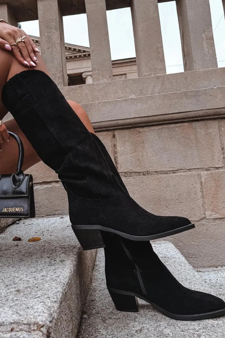 Kozaki Kowbojki Damskie Na Obcasie Z Eko Zamszu Czarne Esmira