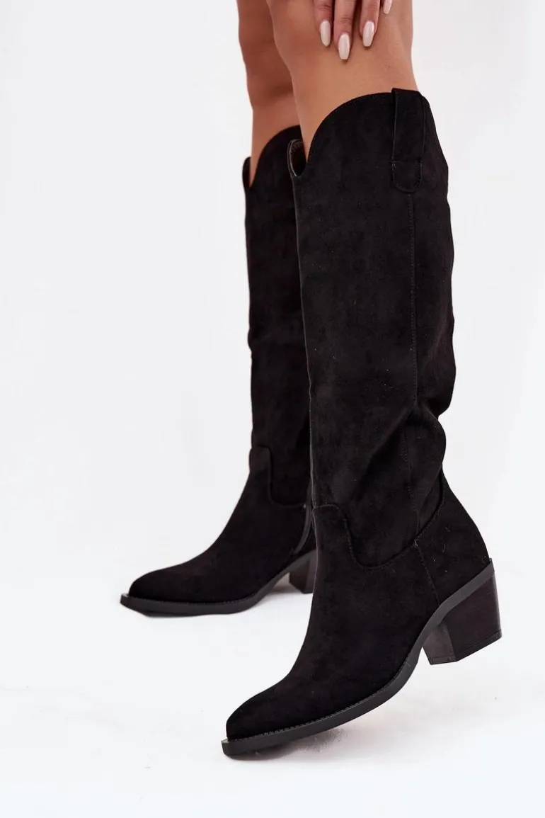 Kozaki Kowbojki Damskie Na Obcasie Z Eko Zamszu Czarne Esmira