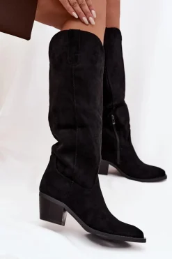 Kozaki Kowbojki Damskie Na Obcasie Z Eko Zamszu Czarne Esmira