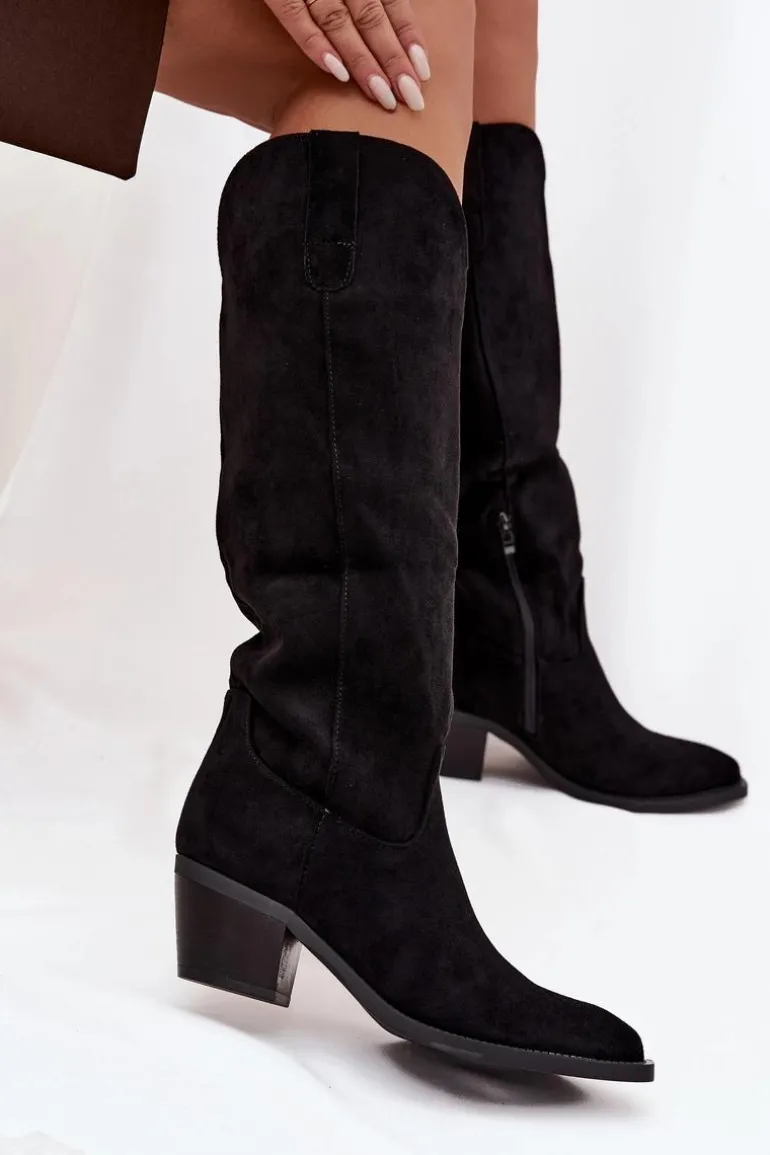 Kozaki Kowbojki Damskie Na Obcasie Z Eko Zamszu Czarne Esmira