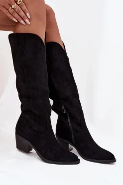 Kozaki Kowbojki Damskie Na Obcasie Z Eko Zamszu Czarne Esmira