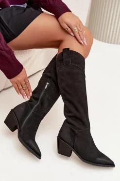 Kozaki Kowbojki Damskie Na Obcasie Z Naturalnego Zamszu Artiker 57C0232 Czarne