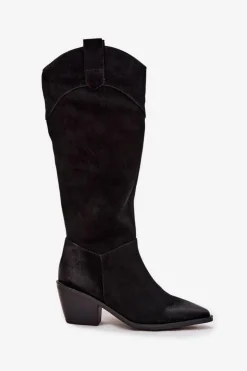 Kozaki Kowbojki Damskie Na Obcasie Z Naturalnego Zamszu Artiker 57C0232 Czarne