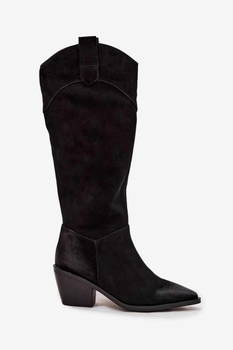 Kozaki Kowbojki Damskie Na Obcasie Z Naturalnego Zamszu Artiker 57C0232 Czarne