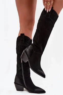 Kozaki Kowbojki Damskie Na Obcasie Z Naturalnego Zamszu Artiker 57C0232 Czarne