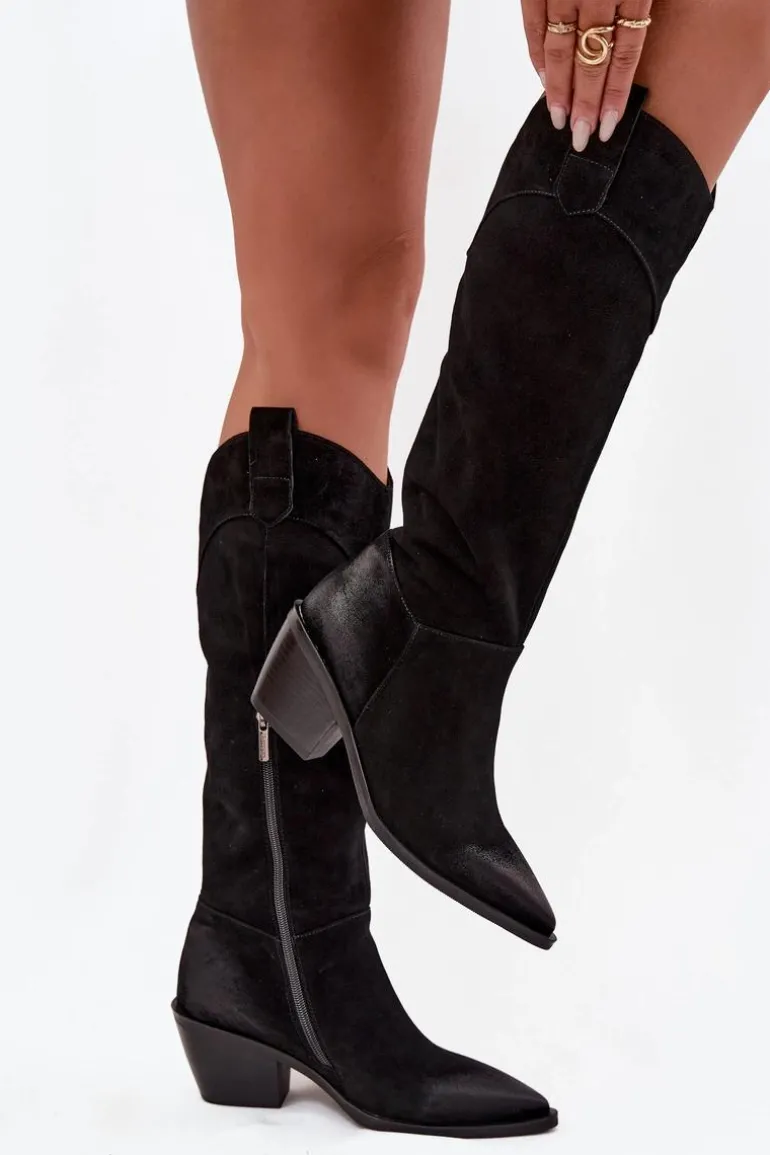 Kozaki Kowbojki Damskie Na Obcasie Z Naturalnego Zamszu Artiker 57C0232 Czarne