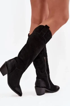 Kozaki Kowbojki Damskie Na Obcasie Z Naturalnego Zamszu Artiker 57C0232 Czarne