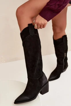 Kozaki Kowbojki Damskie Na Obcasie Z Naturalnego Zamszu Artiker 57C0232 Czarne