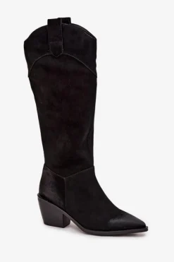 Kozaki Kowbojki Damskie Na Obcasie Z Naturalnego Zamszu Artiker 57C0232 Czarne