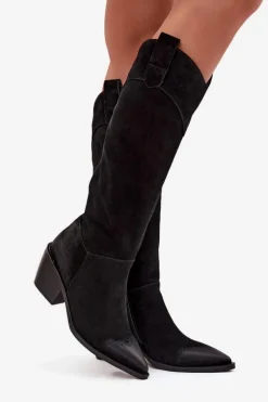 Kozaki Kowbojki Damskie Na Obcasie Z Naturalnego Zamszu Artiker 57C0232 Czarne