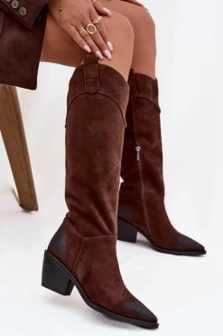 Kozaki Kowbojki Damskie Na Obcasie Z Naturalnego Zamszu Artiker 57C0230 Brązowe