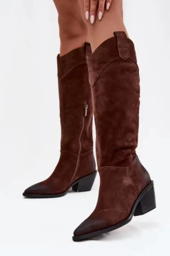 Kozaki Kowbojki Damskie Na Obcasie Z Naturalnego Zamszu Artiker 57C0230 Brązowe