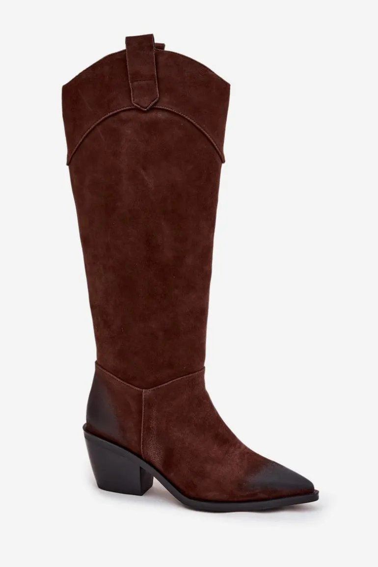 Kozaki Kowbojki Damskie Na Obcasie Z Naturalnego Zamszu Artiker 57C0230 Brązowe