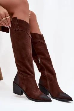 Kozaki Kowbojki Damskie Na Obcasie Z Naturalnego Zamszu Artiker 57C0230 Brązowe