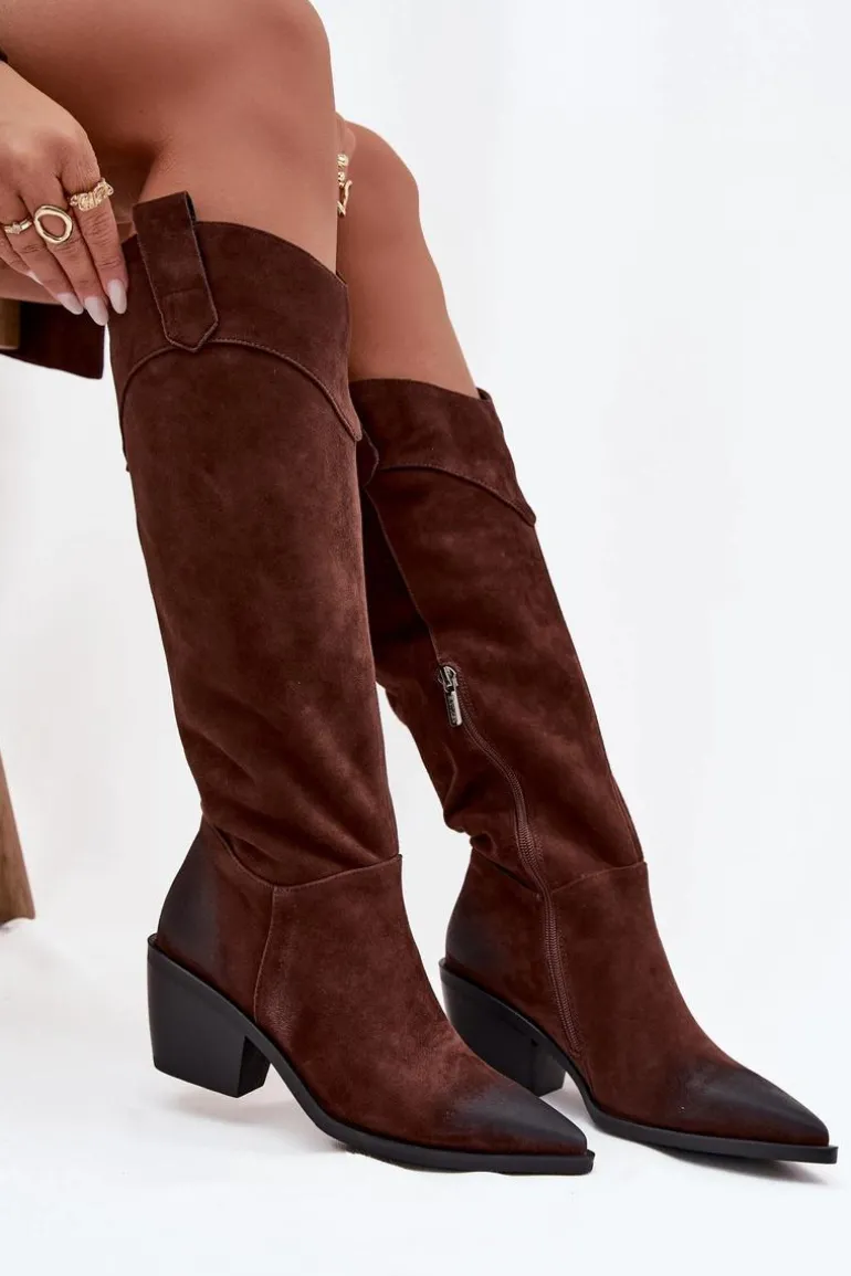 Kozaki Kowbojki Damskie Na Obcasie Z Naturalnego Zamszu Artiker 57C0230 Brązowe