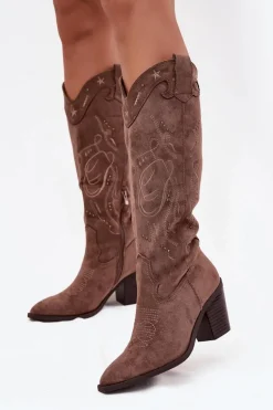 Kozaki Kowbojki Damskie Na Słupku Z Eko Zamszu Khaki Coretta