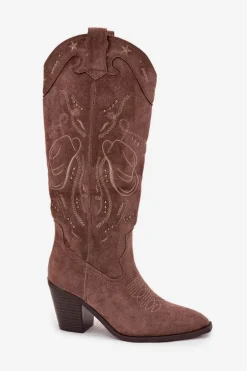 Kozaki Kowbojki Damskie Na Słupku Z Eko Zamszu Khaki Coretta