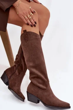 Kozaki Kowbojki Damskie Na Obcasie Z Eko Zamszu Brązowe Esmira