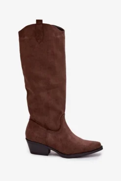 Kozaki Kowbojki Damskie Na Obcasie Z Eko Zamszu Brązowe Esmira